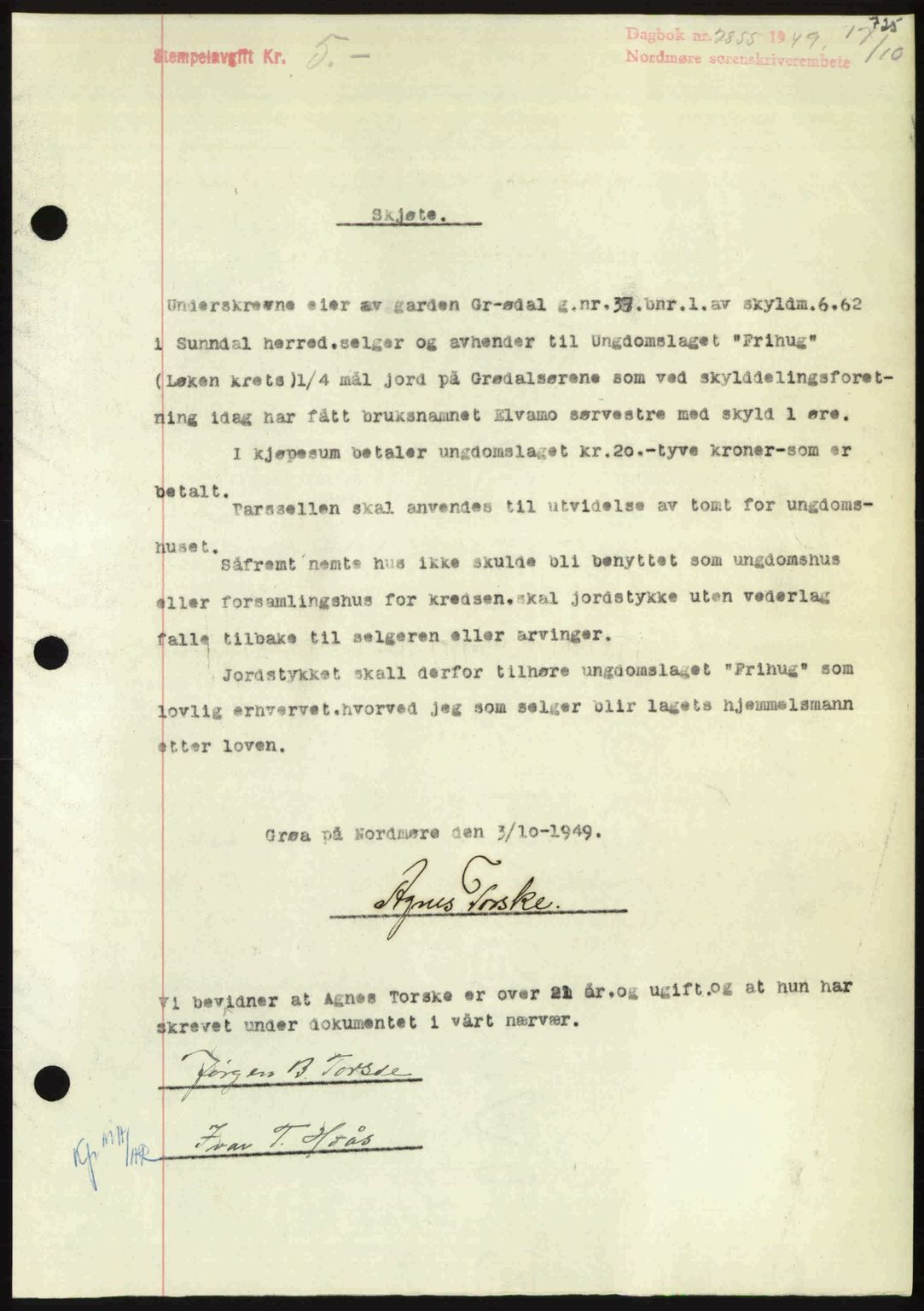 Nordmøre sorenskriveri, SAT/A-4132/1/2/2Ca: Pantebok nr. A112, 1949-1949, Dagboknr: 2855/1949