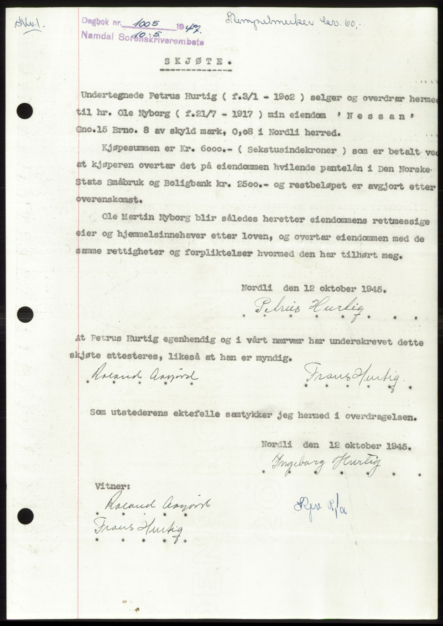 Namdal sorenskriveri, SAT/A-4133/1/2/2C: Pantebok nr. -, 1947-1947, Dagboknr: 1005/1947