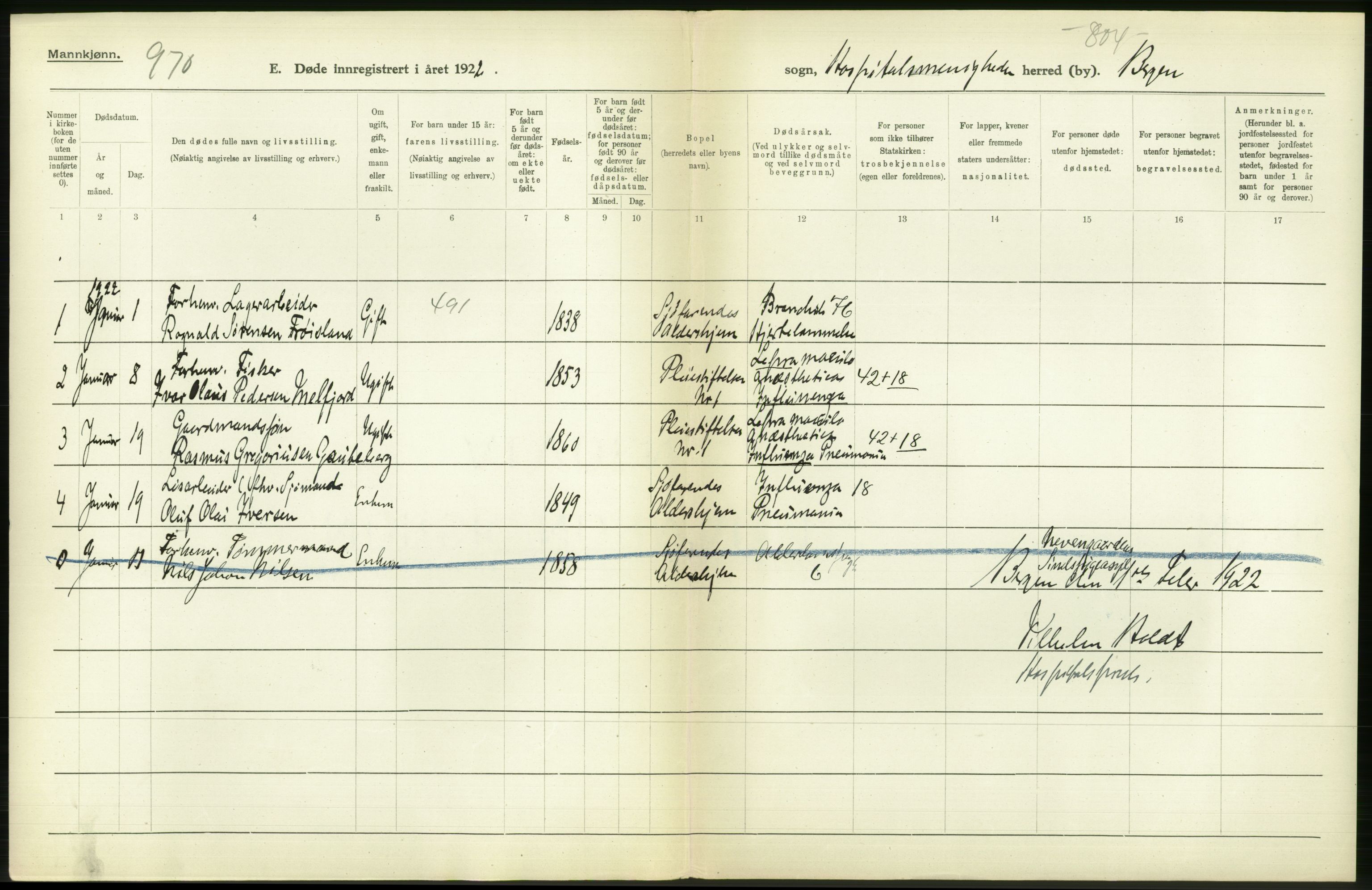 Statistisk sentralbyrå, Sosiodemografiske emner, Befolkning, AV/RA-S-2228/D/Df/Dfc/Dfcb/L0030: Bergen: Gifte, døde, dødfødte., 1922, s. 406