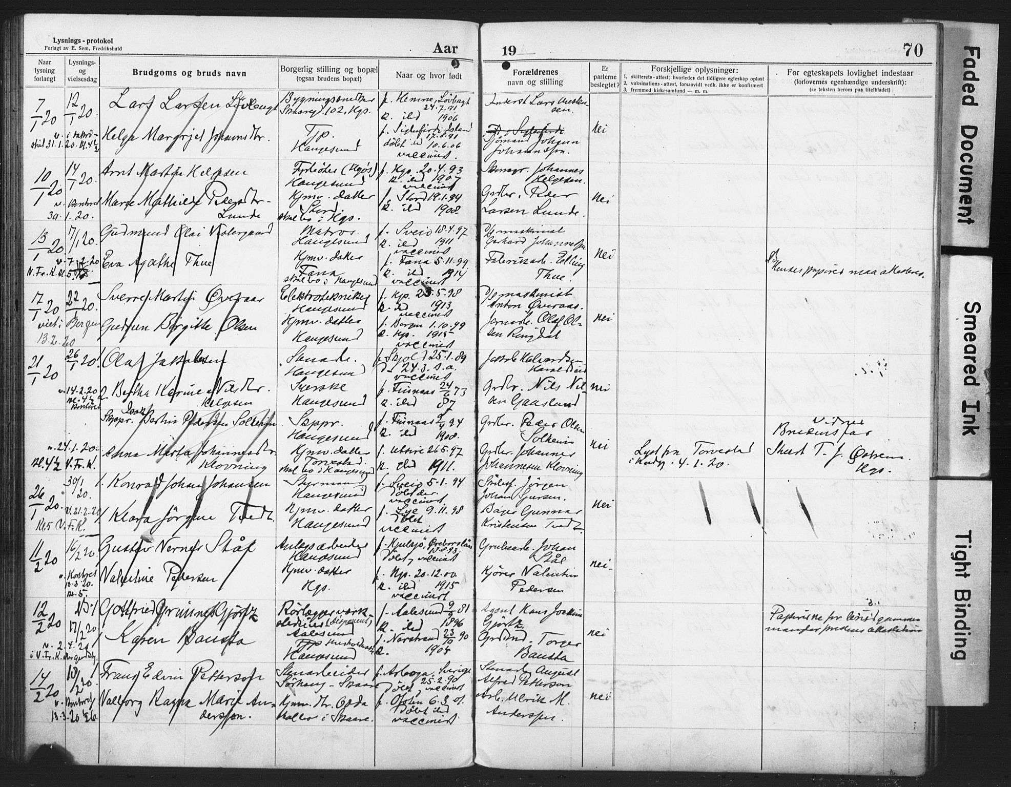 Haugesund sokneprestkontor, AV/SAST-A -101863/I/Ie/L0003: Lysningsprotokoll nr. VIII 3, 1916-1921, s. 70