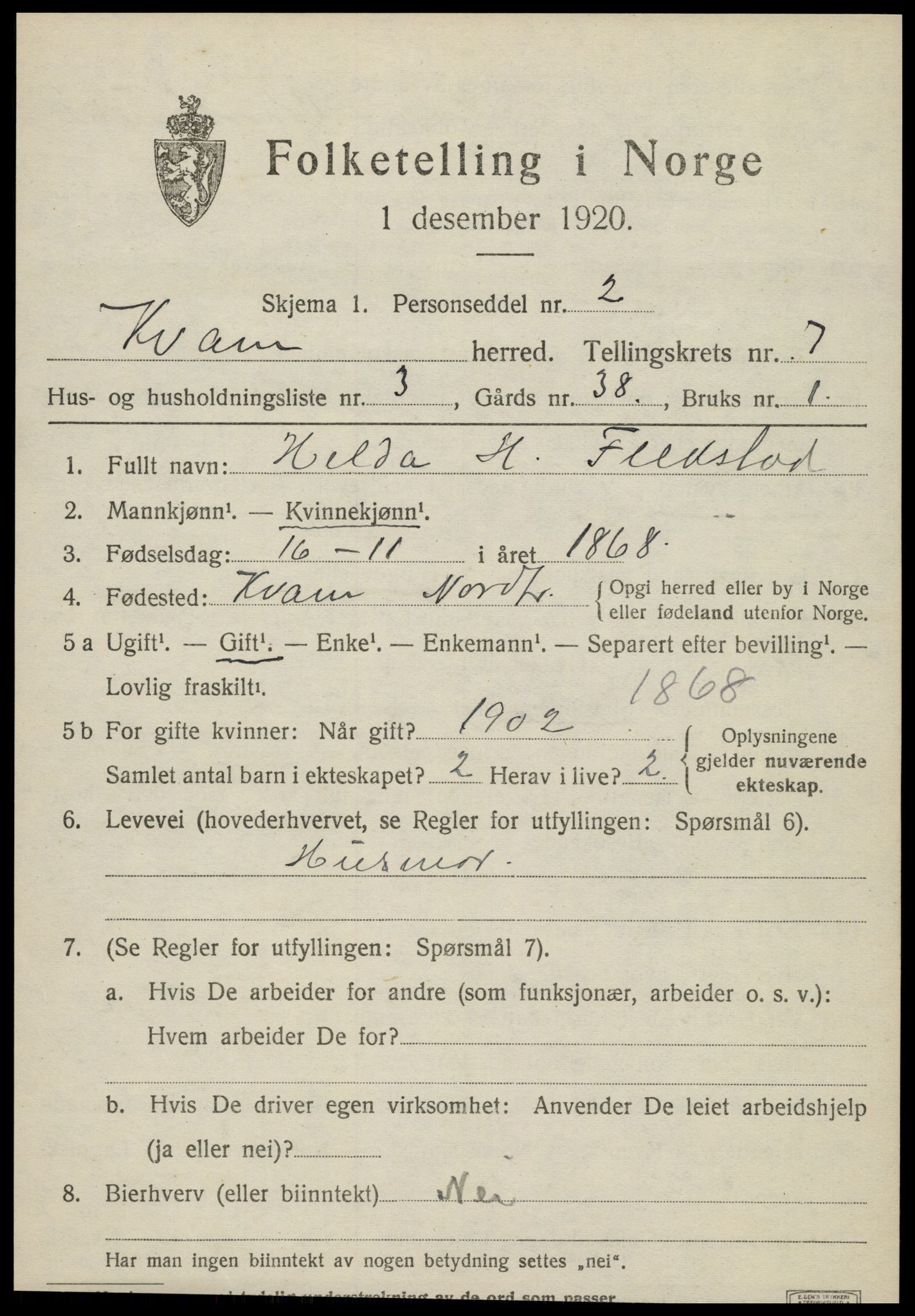SAT, Folketelling 1920 for 1735 Kvam herred, 1920, s. 1825