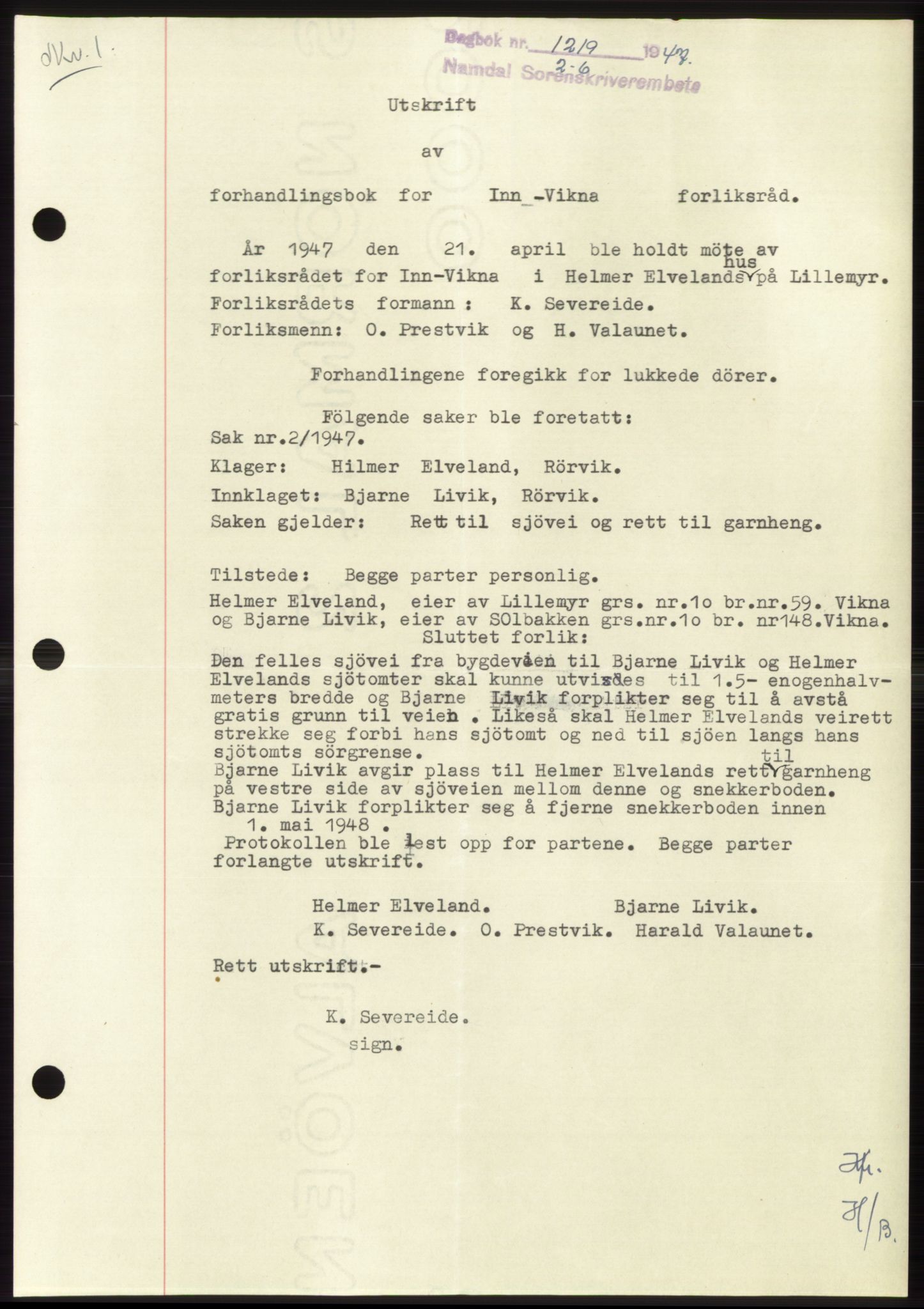 Namdal sorenskriveri, SAT/A-4133/1/2/2C: Pantebok nr. -, 1947-1947, Dagboknr: 1219/1947