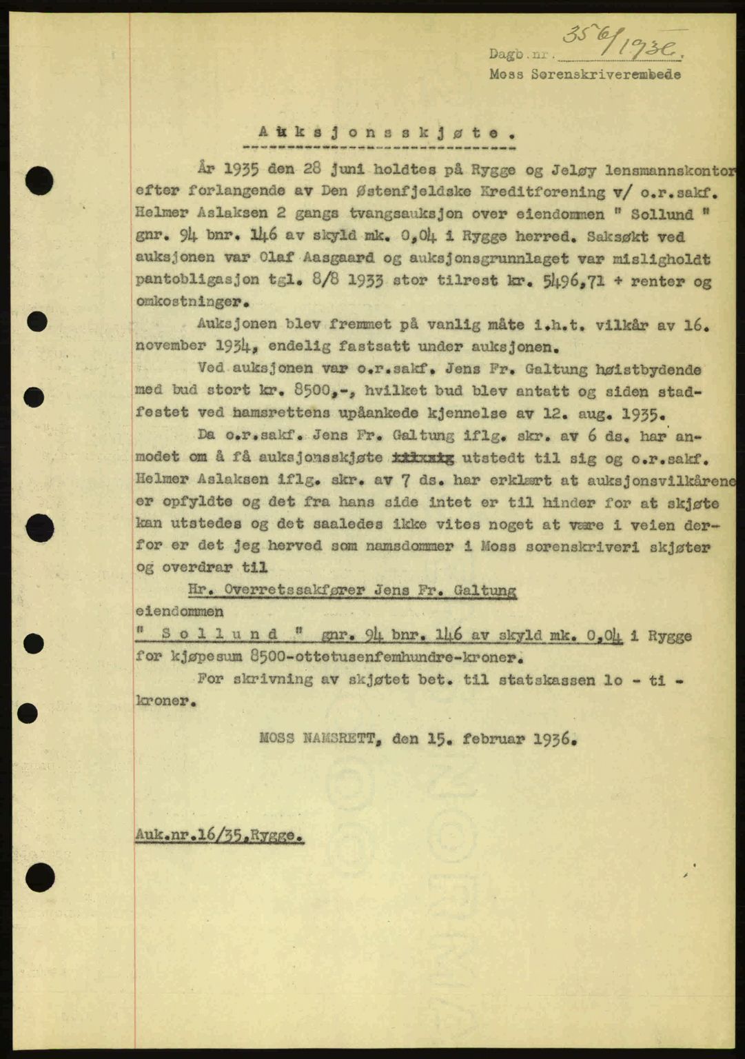 Moss sorenskriveri, SAO/A-10168: Pantebok nr. A1, 1936-1936, Dagboknr: 356/1936