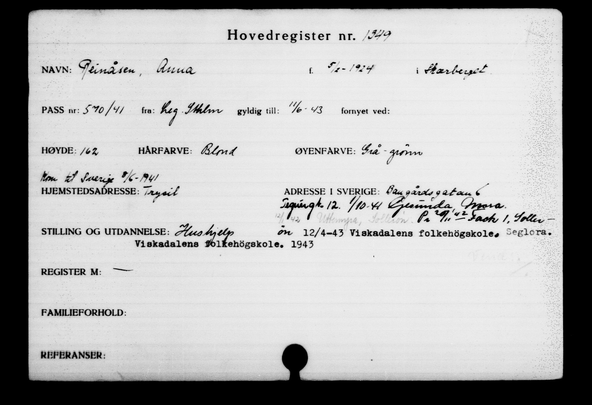 Utenriksstasjonene, Legasjonen i Stockholm, Flyktningkontoret, AV/RA-S-6753/V/Va/L0002: Kjesäterkartoteket, flyktninger med registreringsnr. 1001-2000, 1940-1945, s. 508