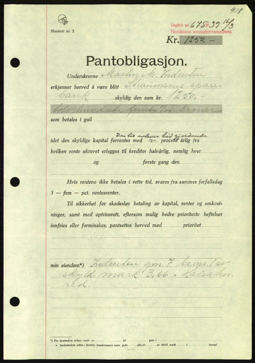 Nordmøre sorenskriveri, AV/SAT-A-4132/1/2/2Ca: Pantebok nr. B84, 1938-1939, Dagboknr: 675/1939