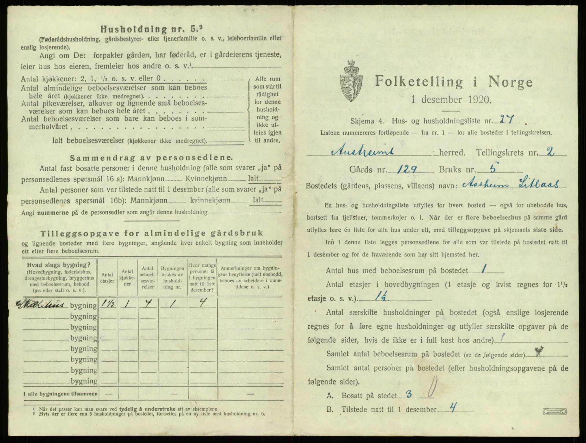 SAB, Folketelling 1920 for 1264 Austrheim herred, 1920, s. 162