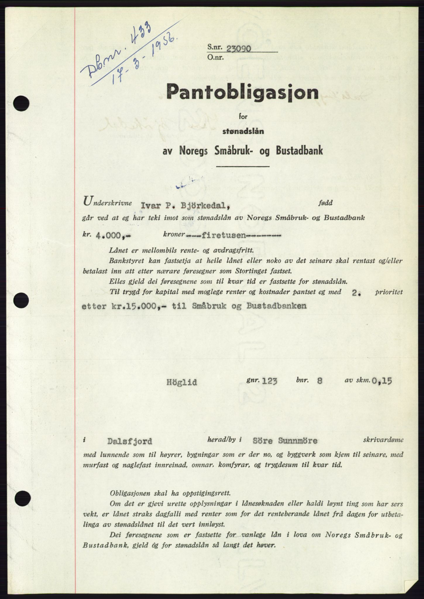 Søre Sunnmøre sorenskriveri, SAT/A-4122/1/2/2C/L0128: Pantebok nr. 16B, 1956-1956, Dagboknr: 433/1956