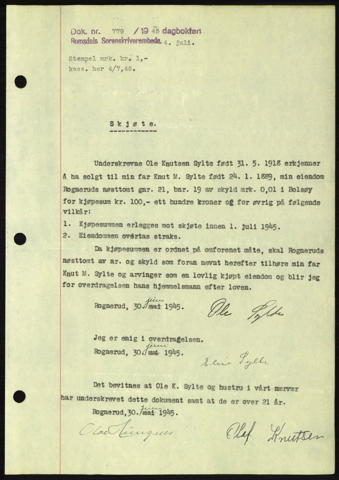 Romsdal sorenskriveri, SAT/A-4149/1/2/2C: Pantebok nr. A18, 1945-1945, Dagboknr: 779/1945