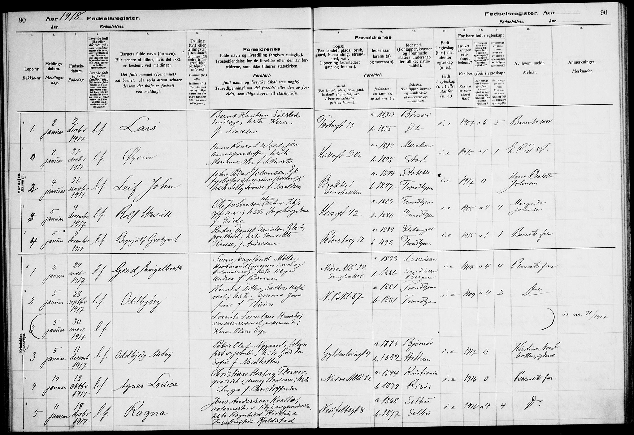 Ministerialprotokoller, klokkerbøker og fødselsregistre - Sør-Trøndelag, AV/SAT-A-1456/604/L0232: Fødselsregister nr. 604.II.4.1, 1916-1920, s. 90