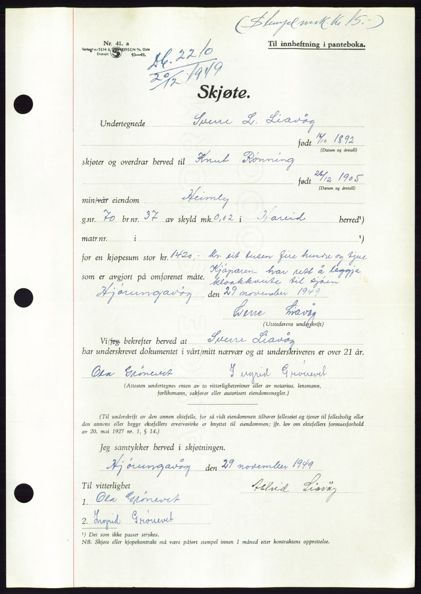 Søre Sunnmøre sorenskriveri, AV/SAT-A-4122/1/2/2C/L0085: Pantebok nr. 11A, 1949-1949, Dagboknr: 2210/1949