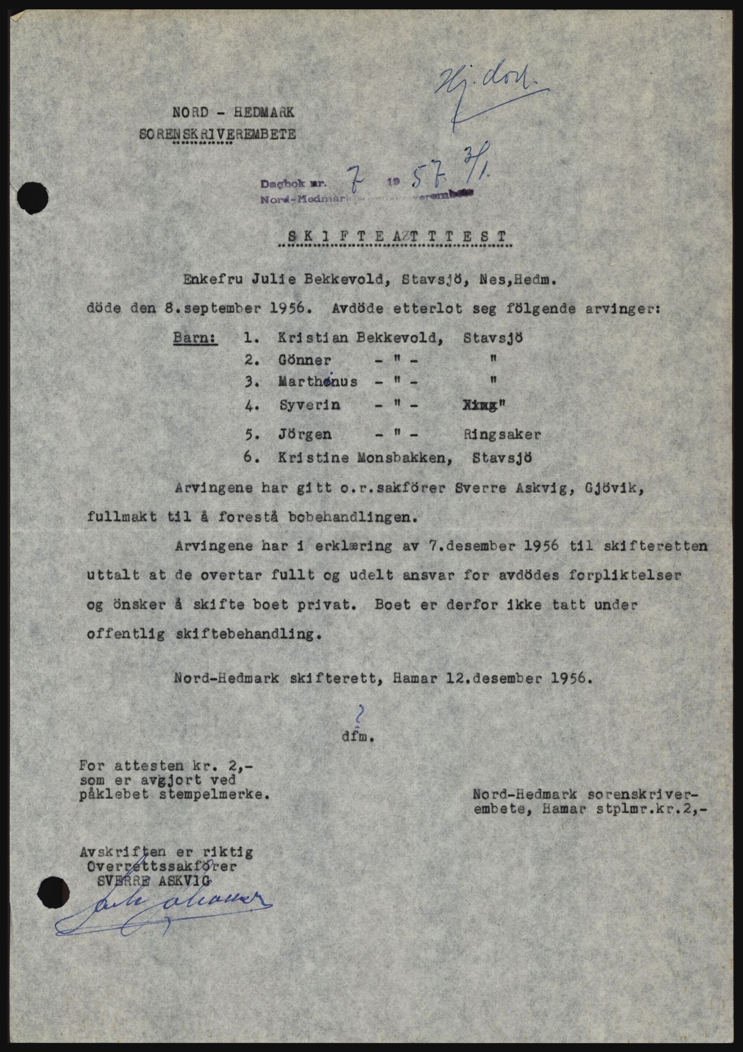 Nord-Hedmark sorenskriveri, SAH/TING-012/H/Hc/L0011: Pantebok nr. 11, 1956-1957, Dagboknr: 7/1957