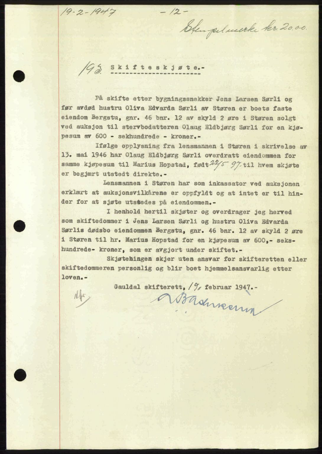Gauldal sorenskriveri, SAT/A-0014/1/2/2C: Pantebok nr. A3, 1947-1947, Dagboknr: 193/1947