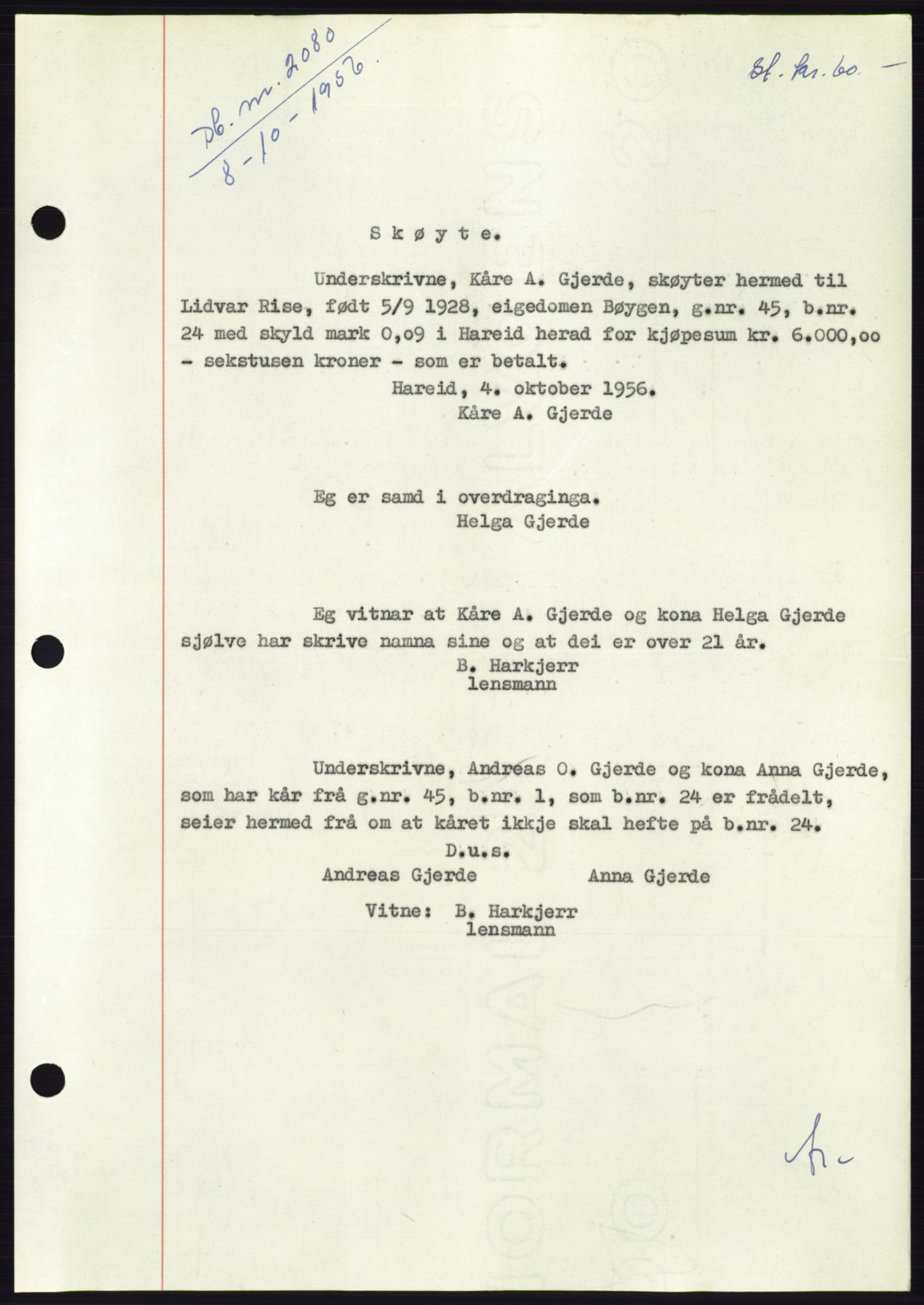 Søre Sunnmøre sorenskriveri, AV/SAT-A-4122/1/2/2C/L0104: Pantebok nr. 30A, 1956-1956, Dagboknr: 2080/1956
