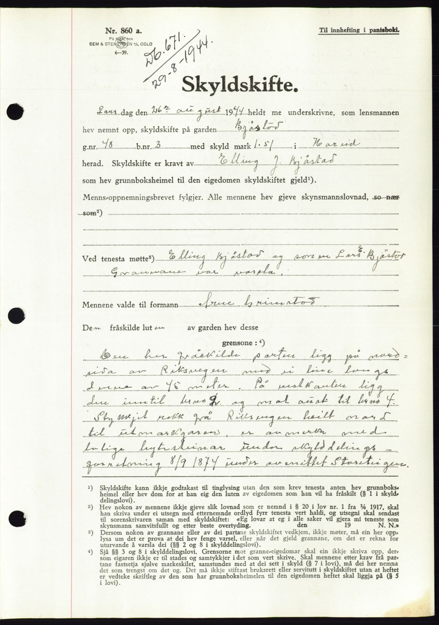 Søre Sunnmøre sorenskriveri, SAT/A-4122/1/2/2C/L0076: Pantebok nr. 2A, 1943-1944, Dagboknr: 671/1944