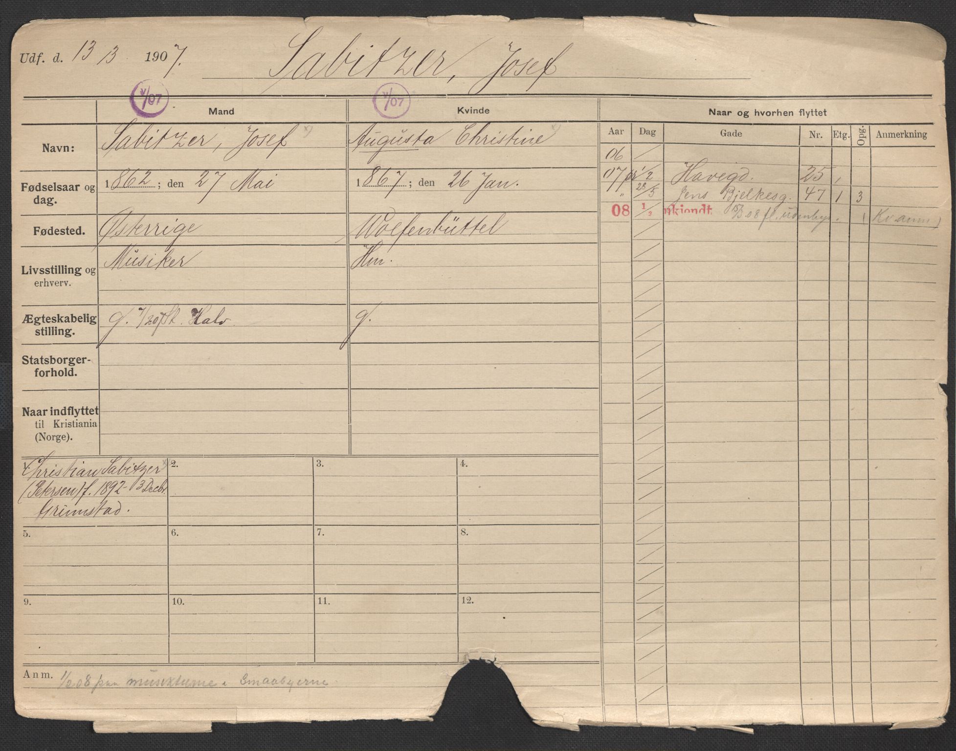 Oslo folkeregister, Registerkort, AV/SAO-A-11715/F/Fa/Fac/L0010: Menn, 1906-1914, s. 6a