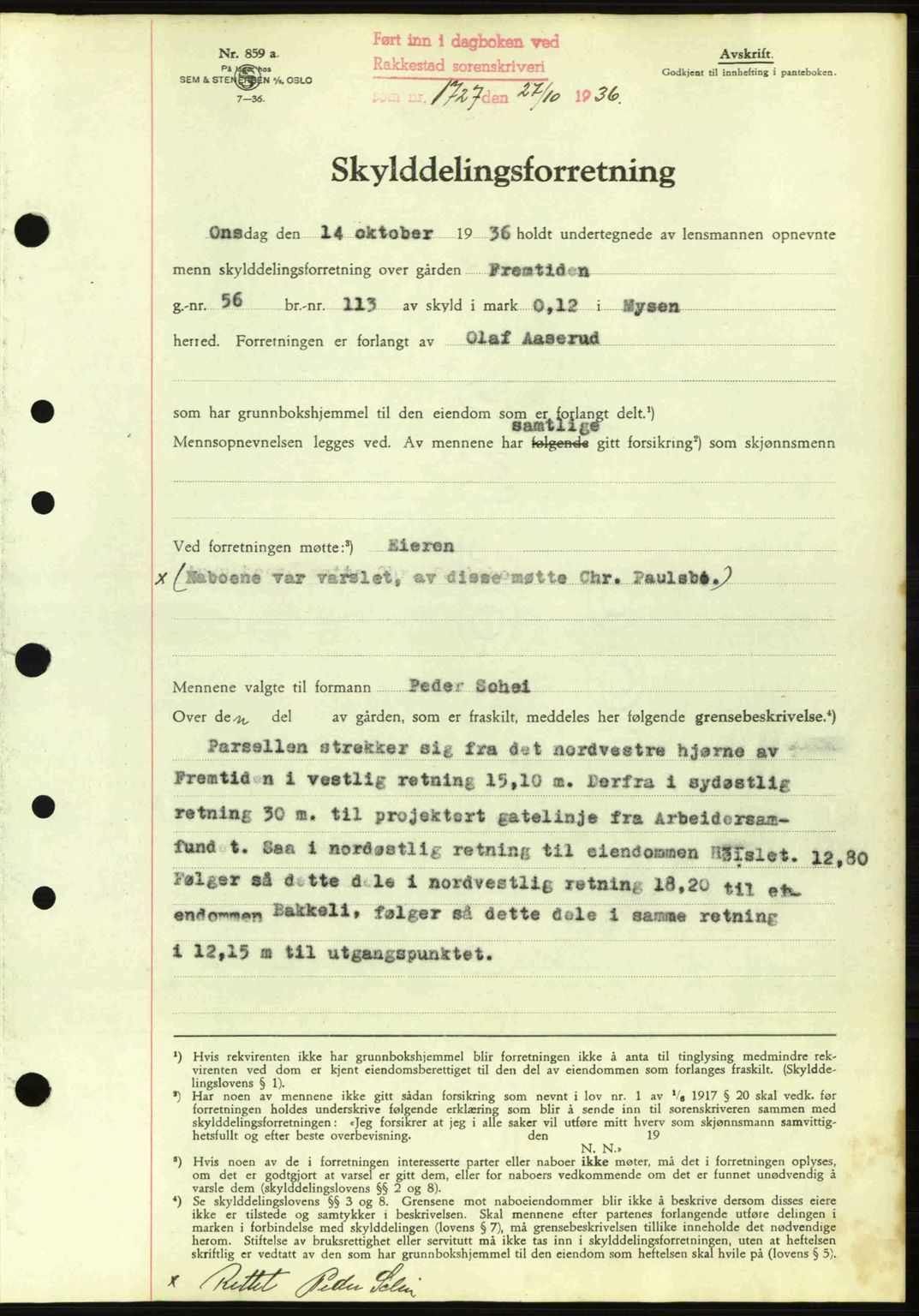 Rakkestad sorenskriveri, SAO/A-10686/G/Gb/Gba/Gbab/L0001: Pantebok nr. A1, 1936-1937, Dagboknr: 1727/1936