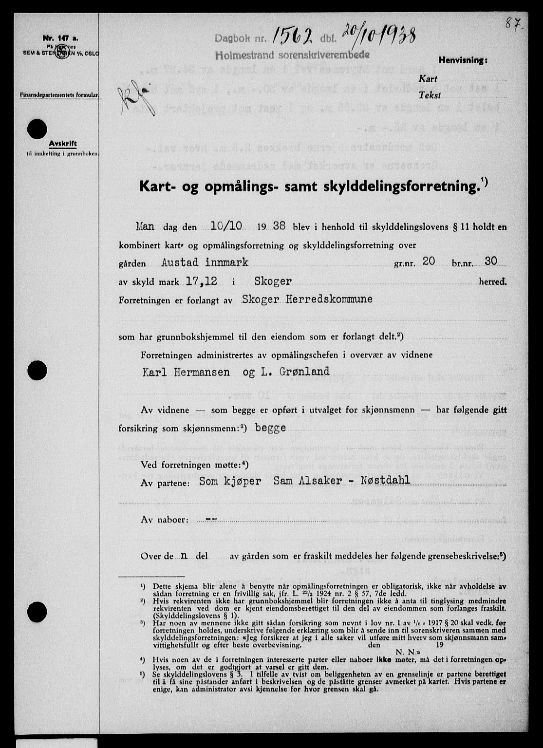 Holmestrand sorenskriveri, SAKO/A-67/G/Ga/Gaa/L0050: Pantebok nr. A-50, 1938-1939, Dagboknr: 1562/1938