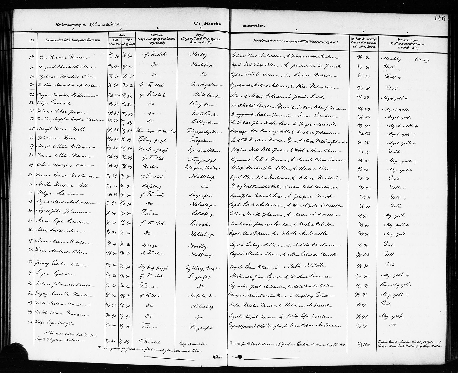 Østre Fredrikstad prestekontor Kirkebøker, SAO/A-10907/G/Ga/L0002: Klokkerbok nr. 2, 1900-1919, s. 146