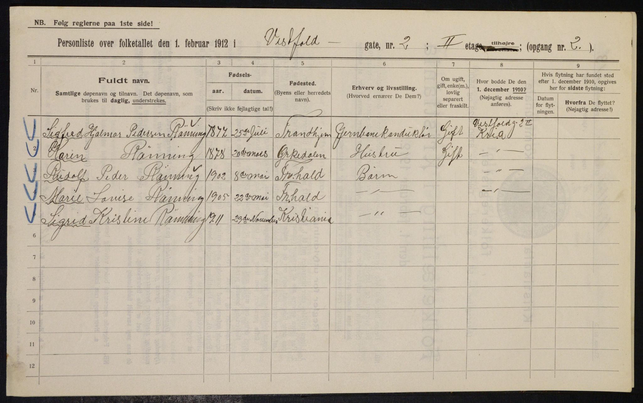 OBA, Kommunal folketelling 1.2.1912 for Kristiania, 1912, s. 122376