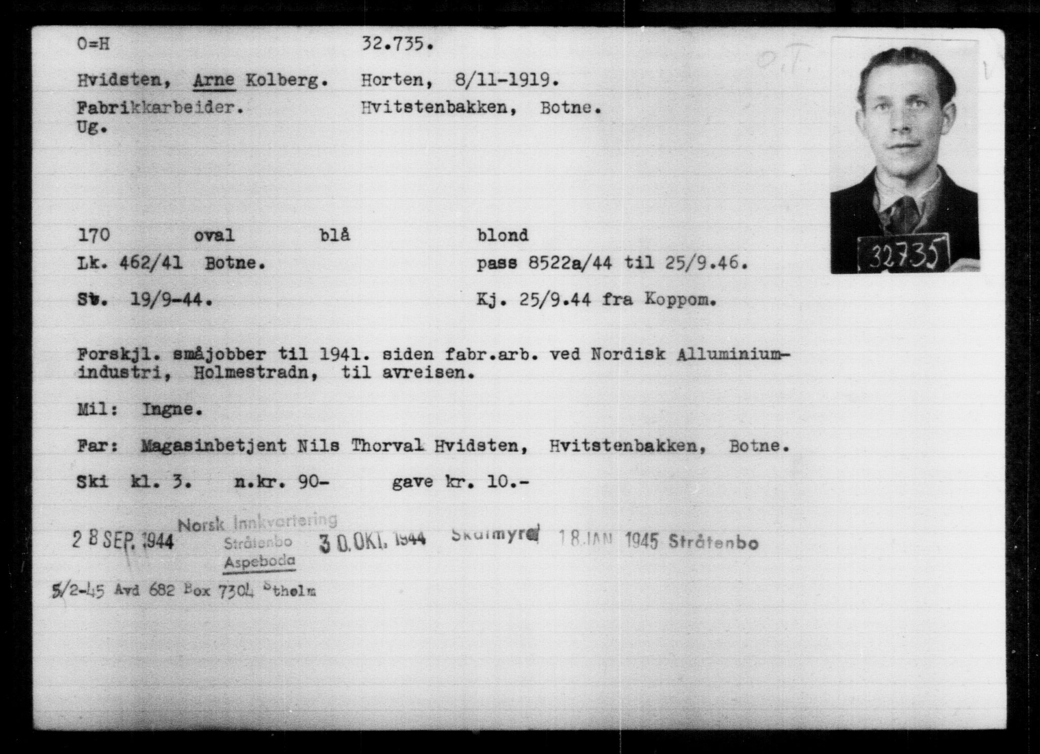 Utenriksstasjonene, Legasjonen i Stockholm, Flyktningkontoret, AV/RA-S-6753/V/Va/L0013: Kjesäterkartoteket, flyktninger med registreringsnr. 31500-34731, 1940-1945, s. 1298