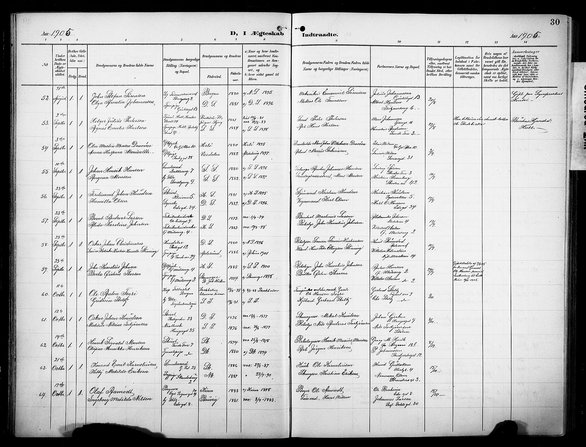 Sandviken Sokneprestembete, AV/SAB-A-77601/H/Hb/L0014: Klokkerbok nr. D 1, 1902-1929, s. 30