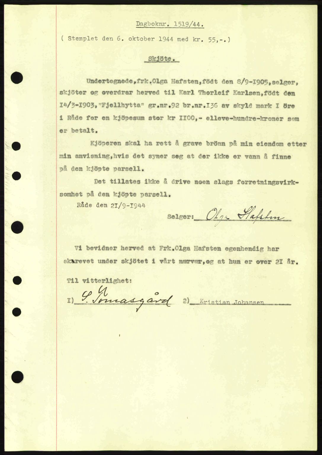 Moss sorenskriveri, SAO/A-10168: Pantebok nr. A13, 1944-1945, Dagboknr: 1519/1944