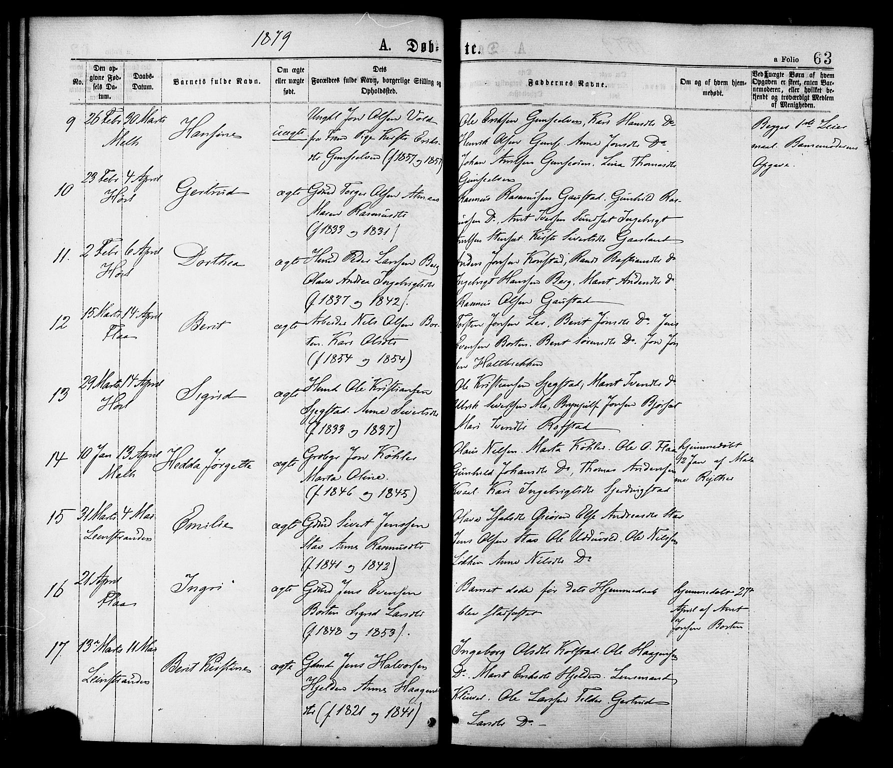 Ministerialprotokoller, klokkerbøker og fødselsregistre - Sør-Trøndelag, AV/SAT-A-1456/691/L1079: Ministerialbok nr. 691A11, 1873-1886, s. 63