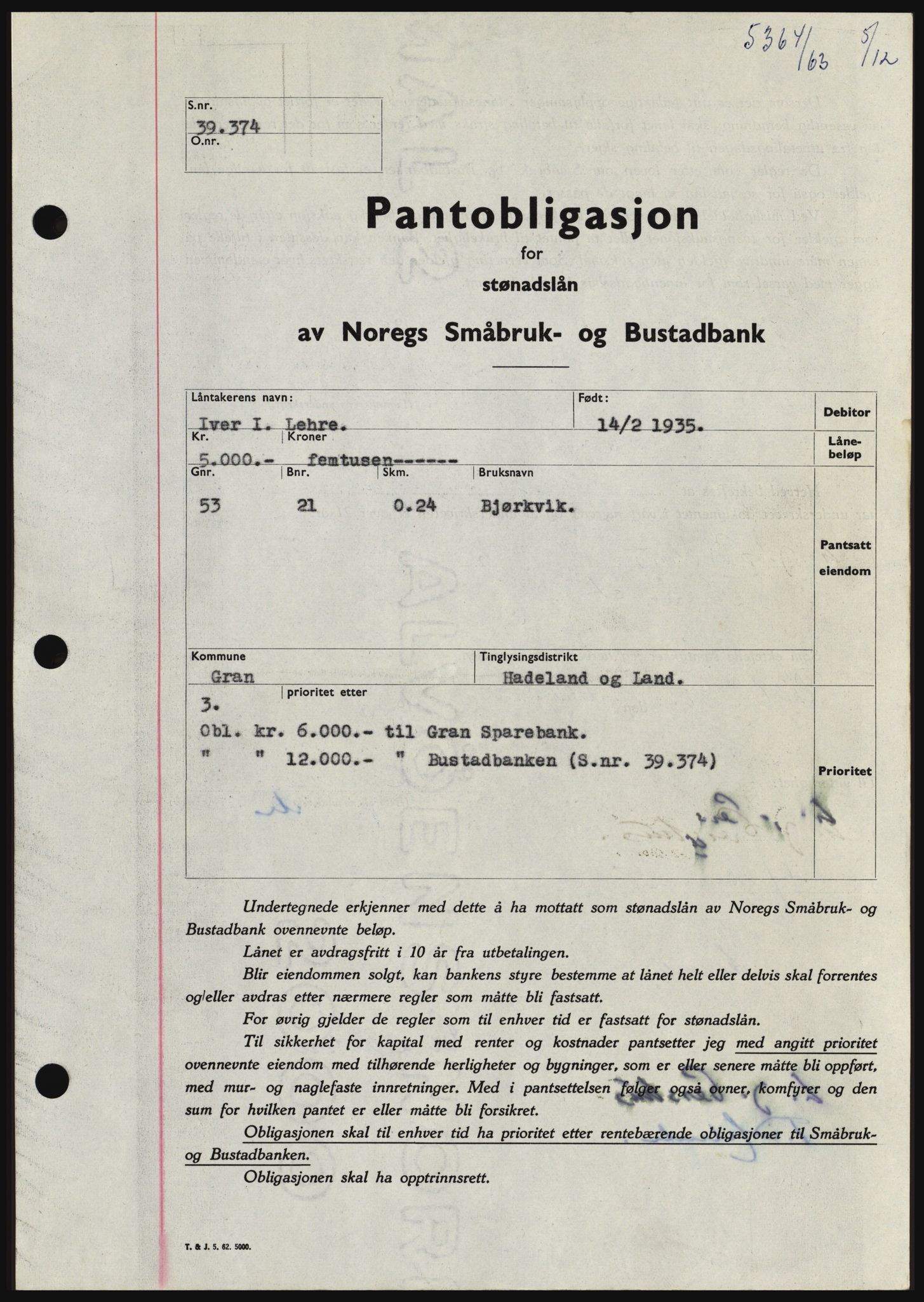 Hadeland og Land tingrett, SAH/TING-010/H/Hb/Hbc/L0053: Pantebok nr. B53, 1963-1964, Dagboknr: 5364/1963
