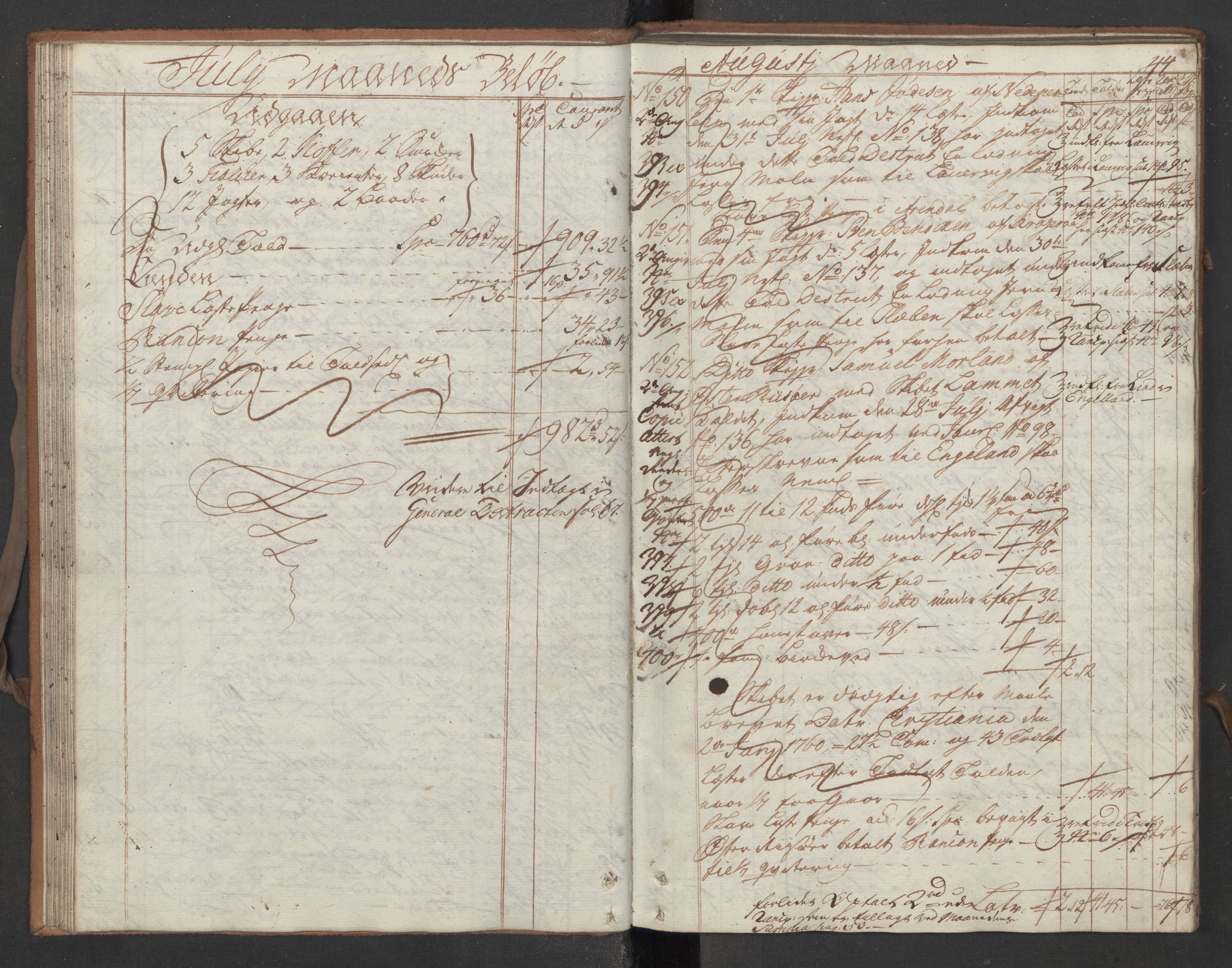 Generaltollkammeret, tollregnskaper, AV/RA-EA-5490/R13/L0029/0001: Tollregnskaper Kragerø / Utgående hovedtollbok, 1760, s. 43b-44a