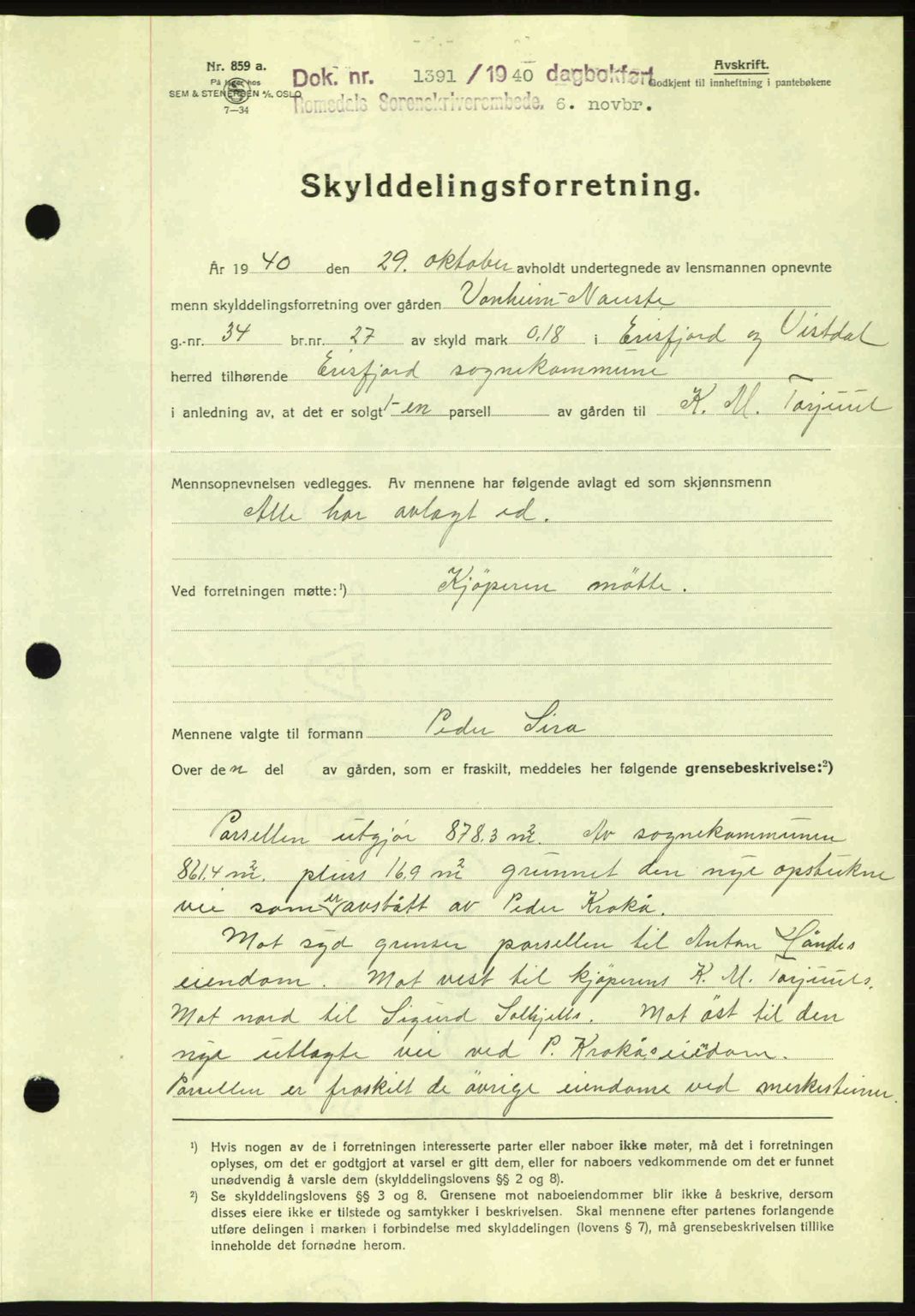 Romsdal sorenskriveri, SAT/A-4149/1/2/2C: Pantebok nr. A9, 1940-1941, Dagboknr: 1391/1940
