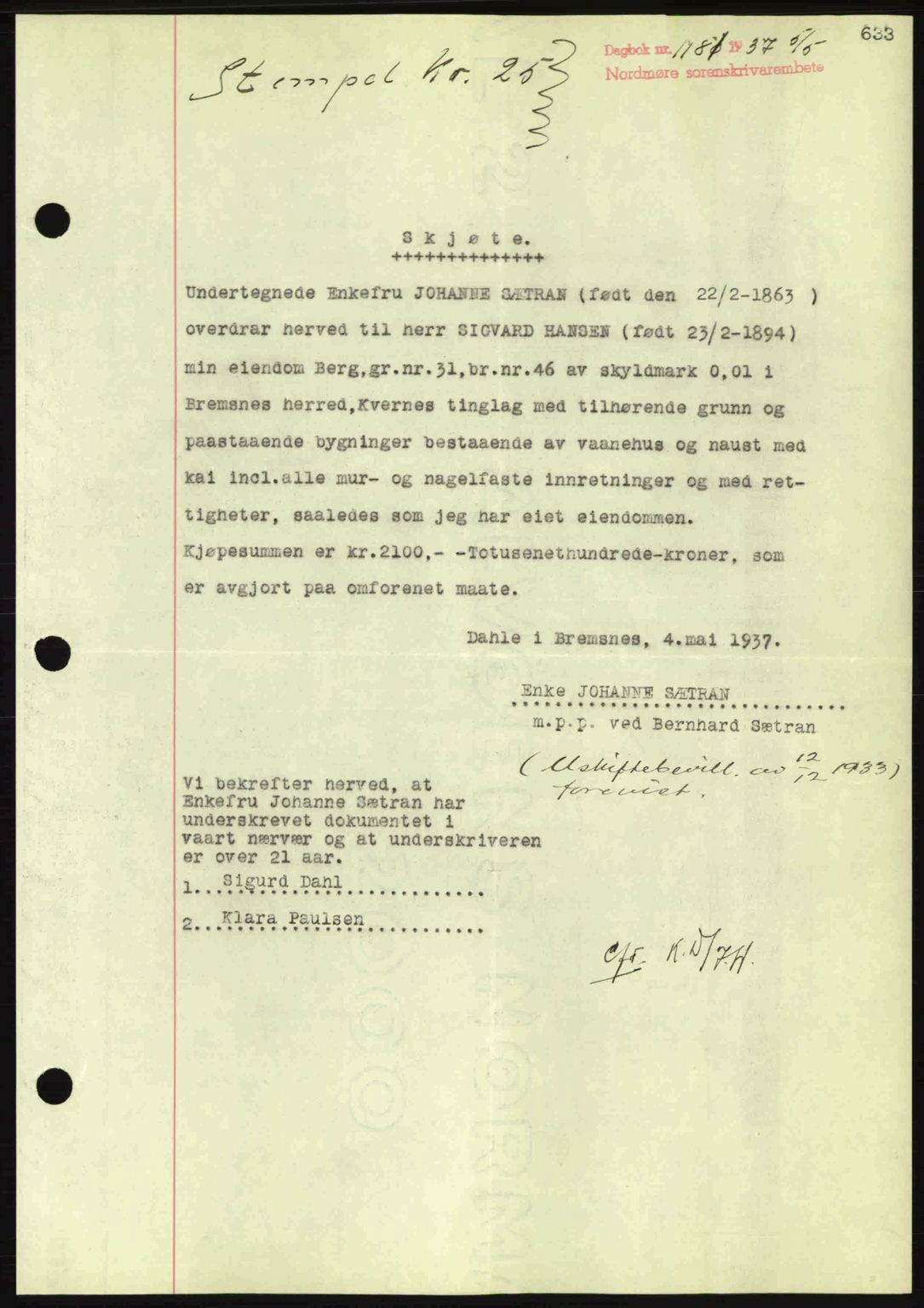 Nordmøre sorenskriveri, SAT/A-4132/1/2/2Ca: Pantebok nr. A81, 1937-1937, Dagboknr: 1181/1937