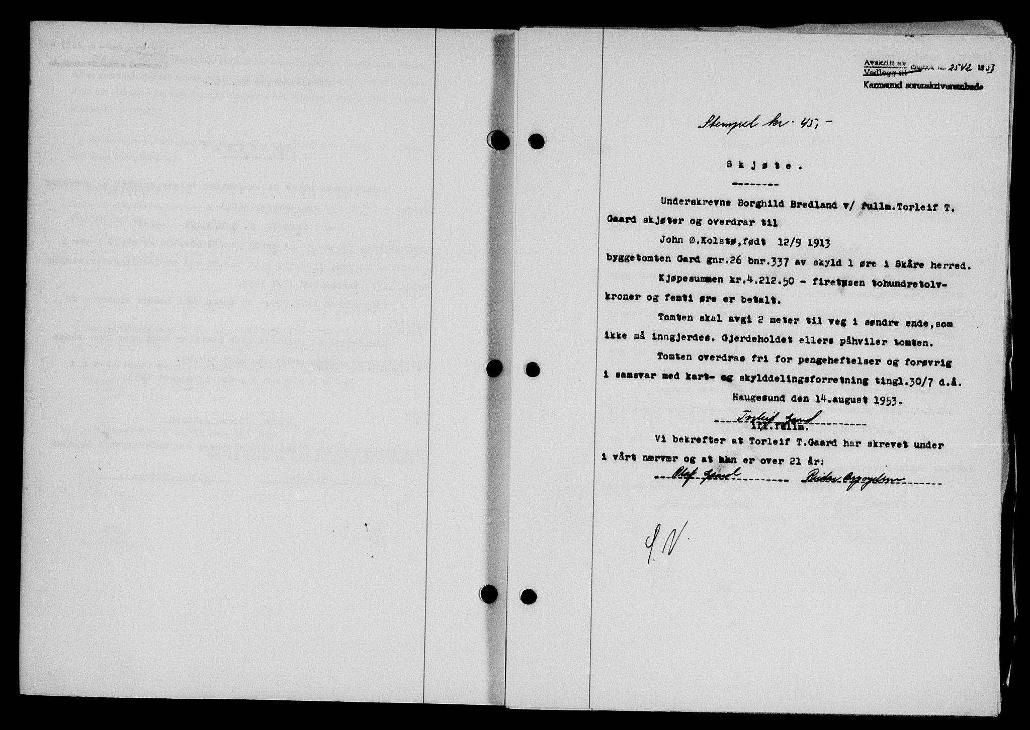Karmsund sorenskriveri, SAST/A-100311/01/II/IIB/L0109: Pantebok nr. 89A, 1953-1953, Dagboknr: 2542/1953