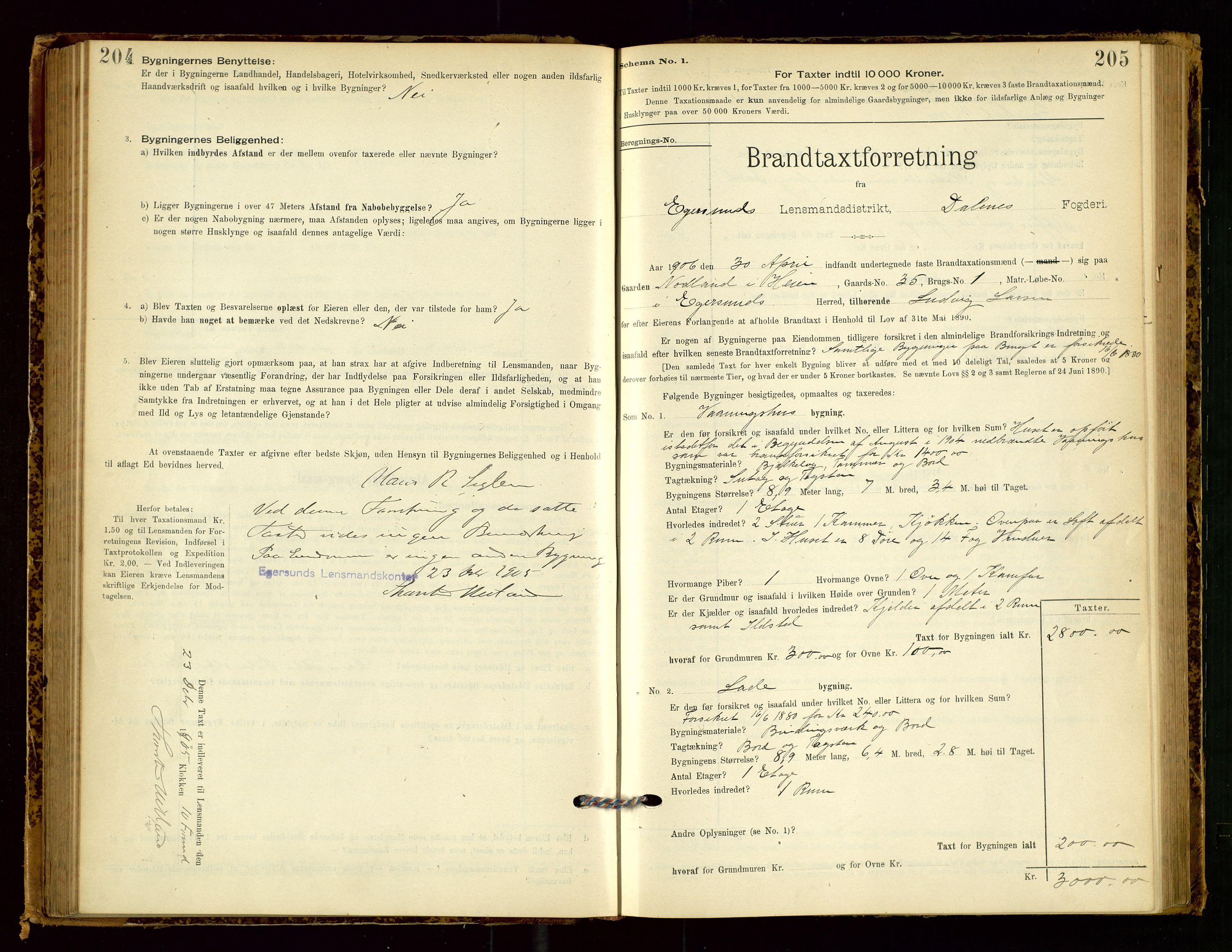 Eigersund lensmannskontor, AV/SAST-A-100171/Gob/L0001: Skjemaprotokoll, 1894-1909, s. 204-205