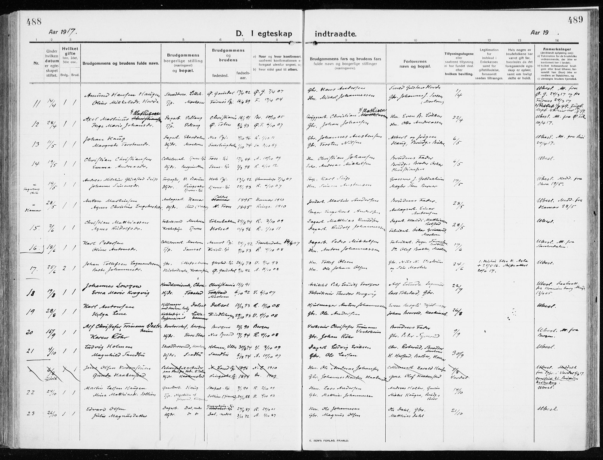 Ringsaker prestekontor, SAH/PREST-014/K/Ka/L0020: Ministerialbok nr. 20, 1913-1922, s. 488-489