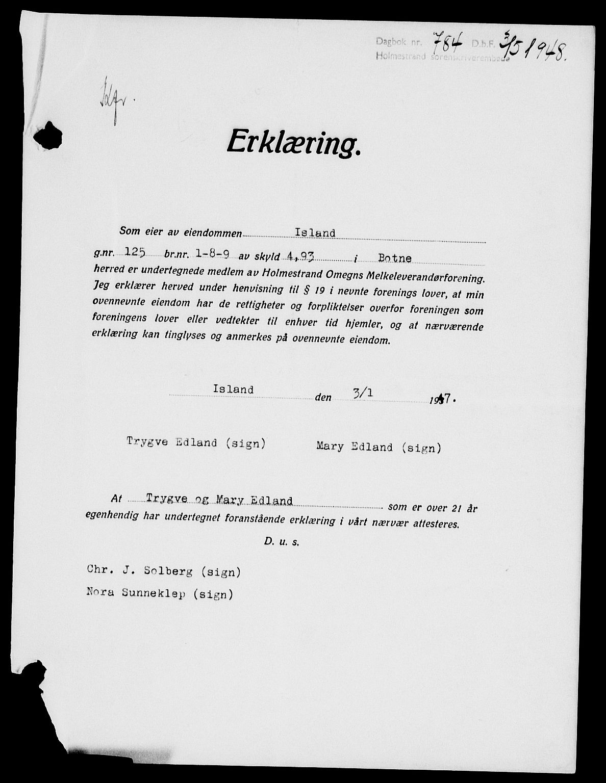 Holmestrand sorenskriveri, SAKO/A-67/G/Ga/Gaa/L0064: Pantebok nr. A-64, 1948-1948, Dagboknr: 784/1948