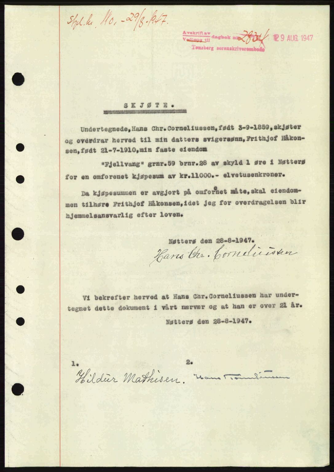 Tønsberg sorenskriveri, SAKO/A-130/G/Ga/Gaa/L0022: Pantebok nr. A22, 1947-1947, Dagboknr: 2834/1947