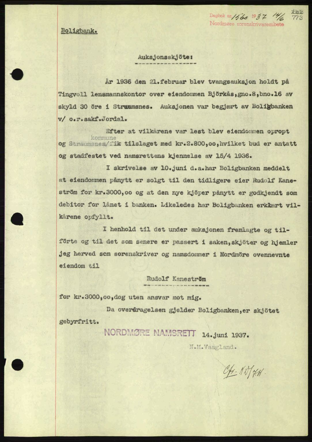 Nordmøre sorenskriveri, SAT/A-4132/1/2/2Ca: Pantebok nr. A81, 1937-1937, Dagboknr: 1560/1937