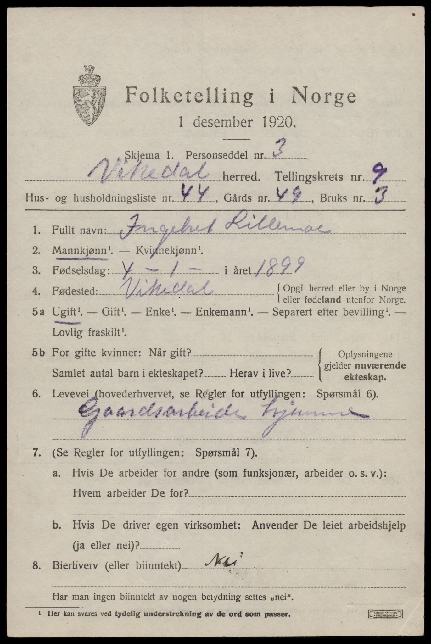 SAST, Folketelling 1920 for 1157 Vikedal herred, 1920, s. 3305