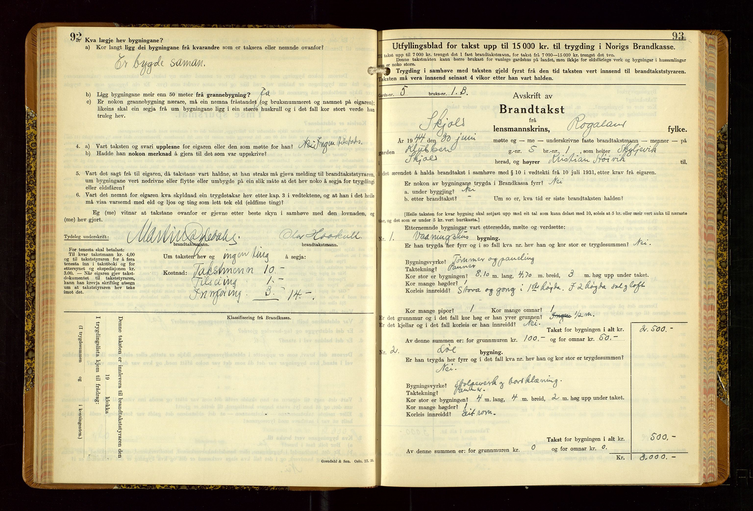 Skjold lensmannskontor, AV/SAST-A-100182/Gob/L0002: "Branntakstbok for Skjold lensmannskrins Rogaland fylke", 1939-1952, s. 92-93