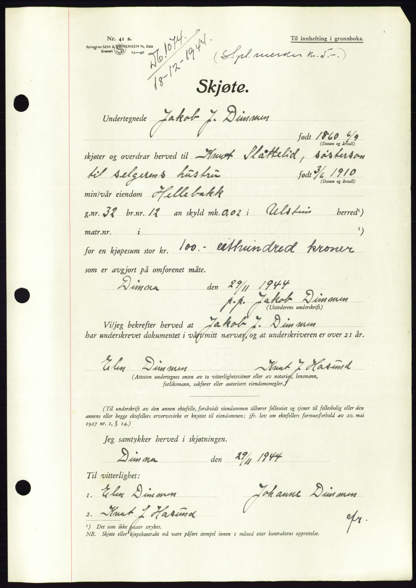 Søre Sunnmøre sorenskriveri, AV/SAT-A-4122/1/2/2C/L0076: Pantebok nr. 2A, 1943-1944, Dagboknr: 1074/1944