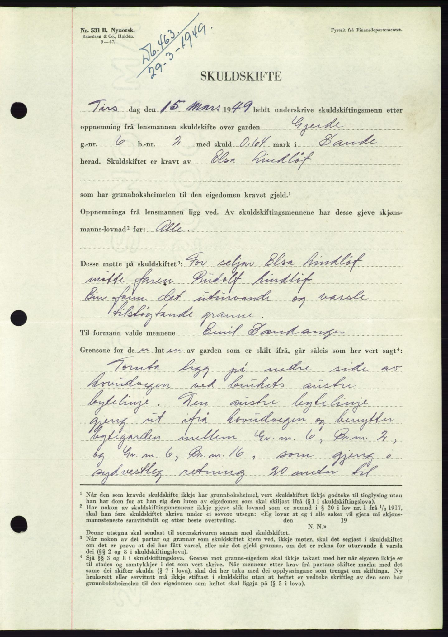 Søre Sunnmøre sorenskriveri, AV/SAT-A-4122/1/2/2C/L0084: Pantebok nr. 10A, 1949-1949, Dagboknr: 463/1949