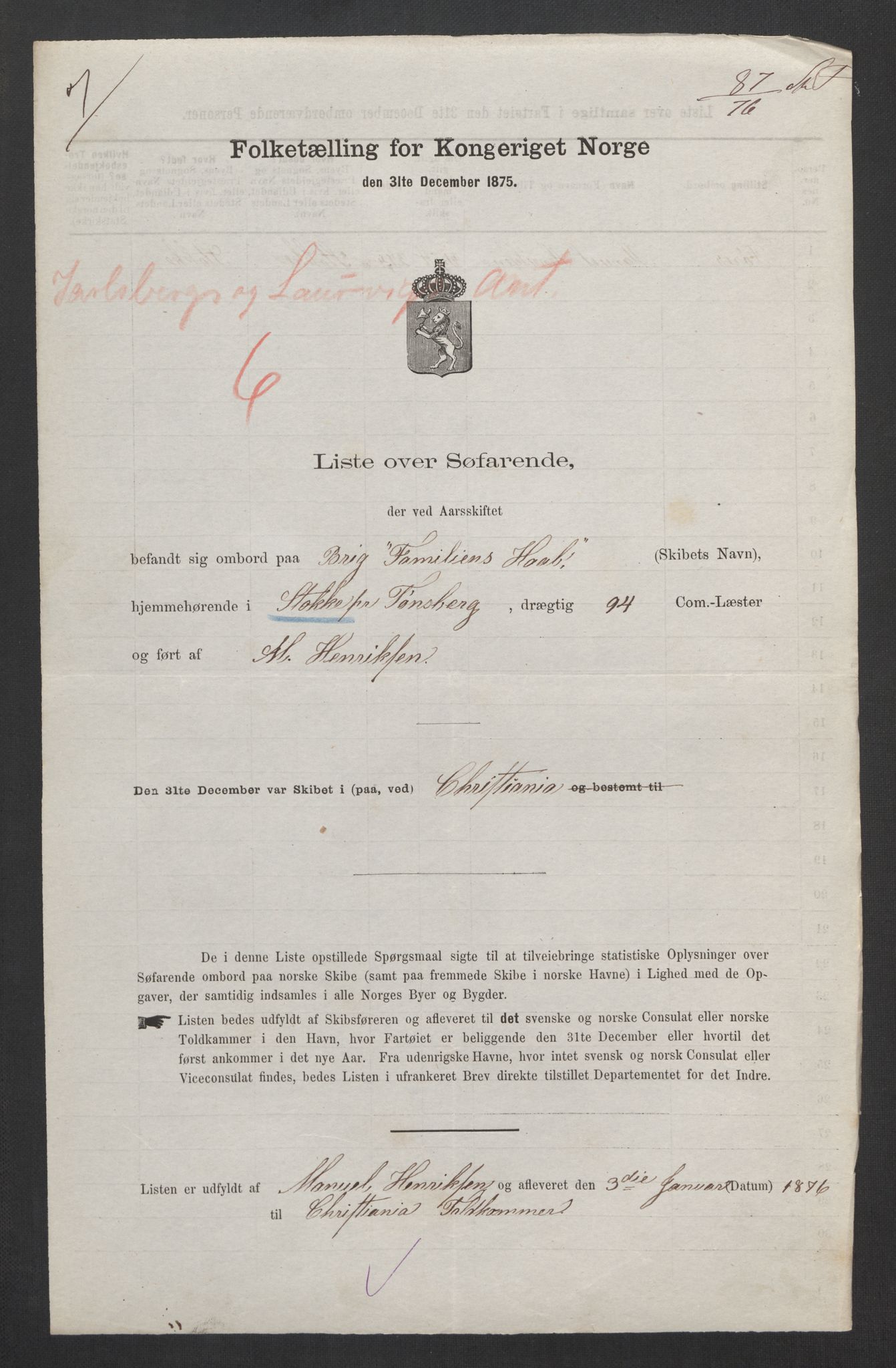 RA, Folketelling 1875, skipslister: Skip i innenrikske havner, hjemmehørende i 1) landdistrikter, 2) forskjellige steder, 3) utlandet, 1875, s. 20