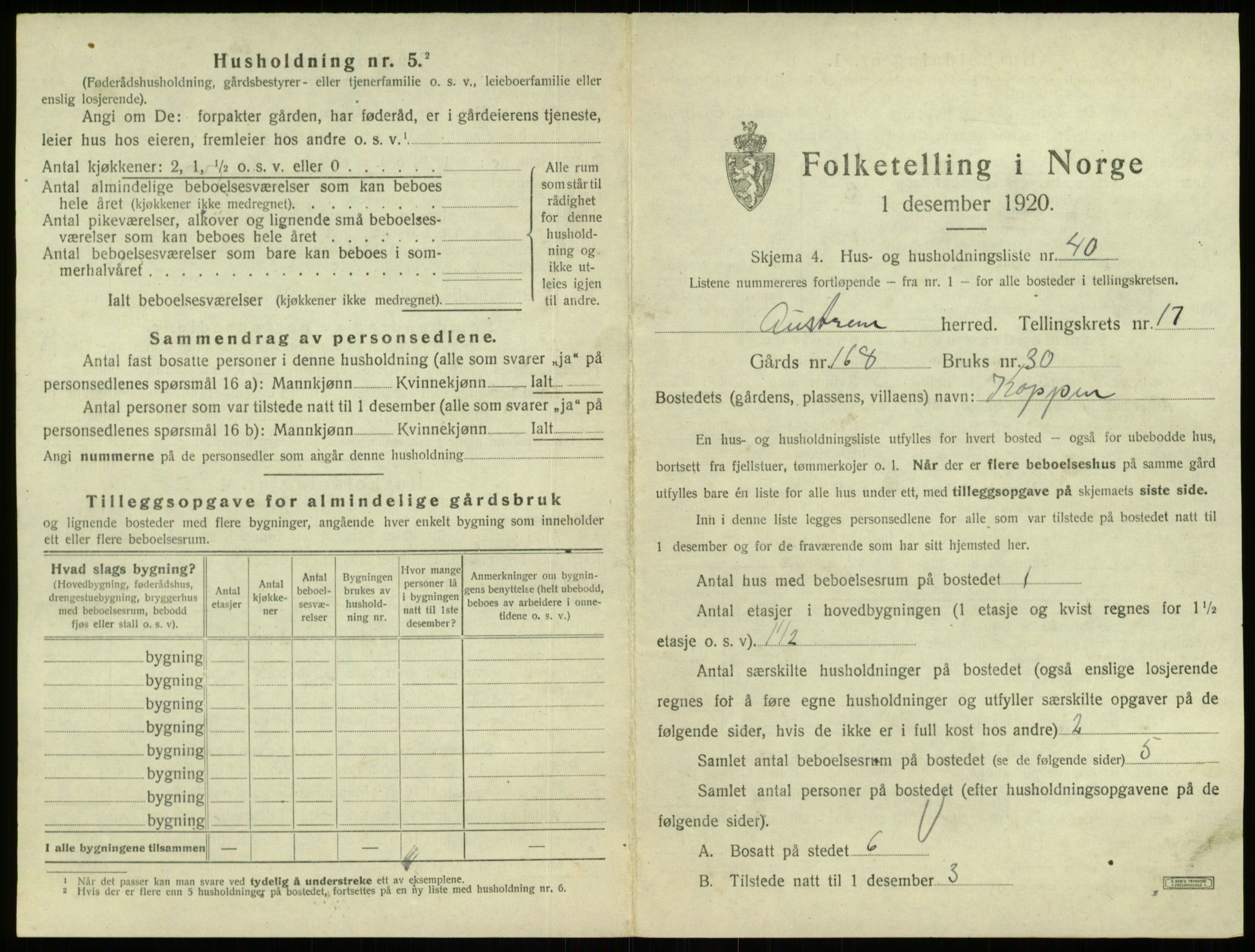 SAB, Folketelling 1920 for 1264 Austrheim herred, 1920, s. 845
