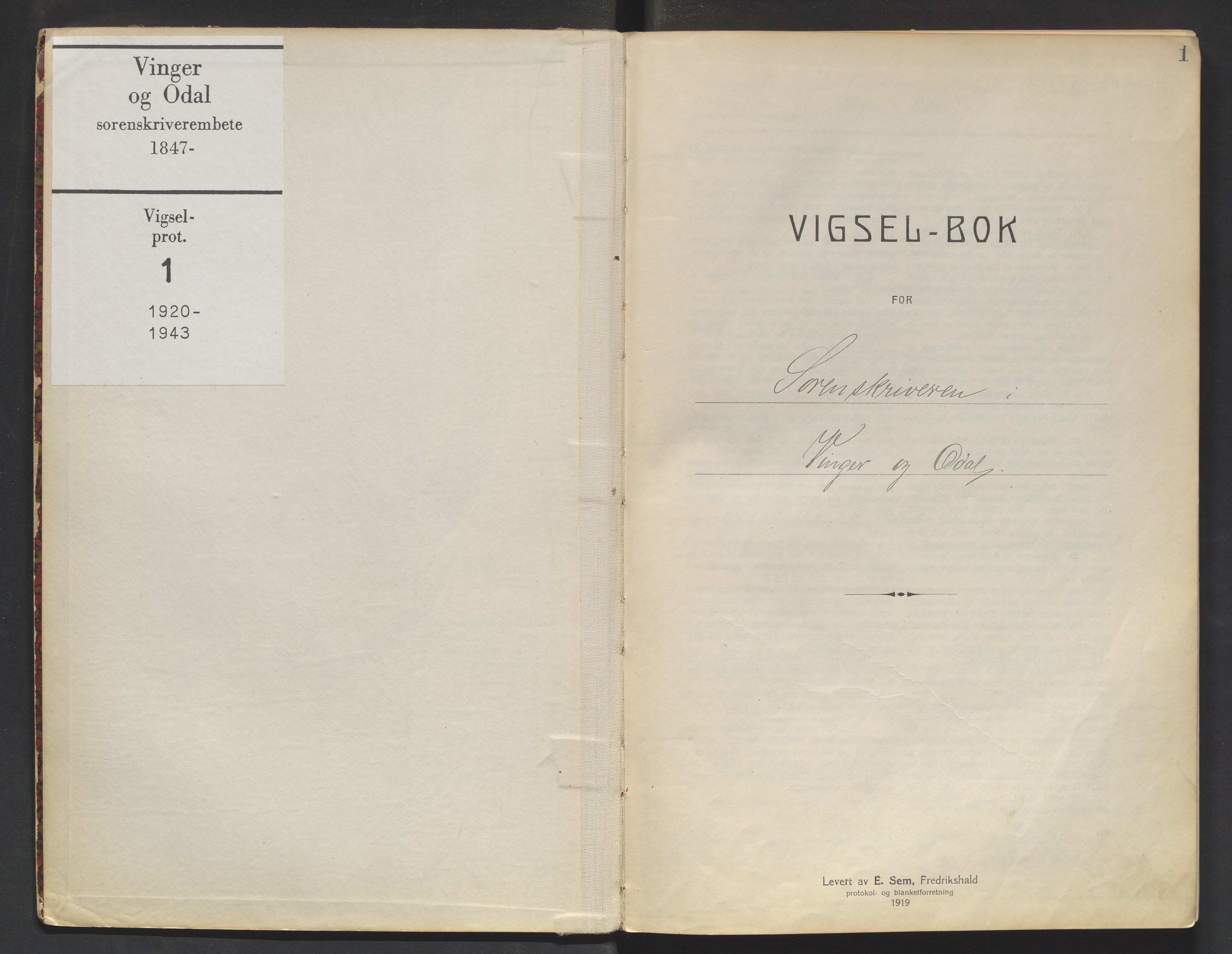 Vinger og Odal sorenskriveri, SAH/TING-022/L/Lb/L0001: Vigselsprotokoll, 1920-1943, s. 1