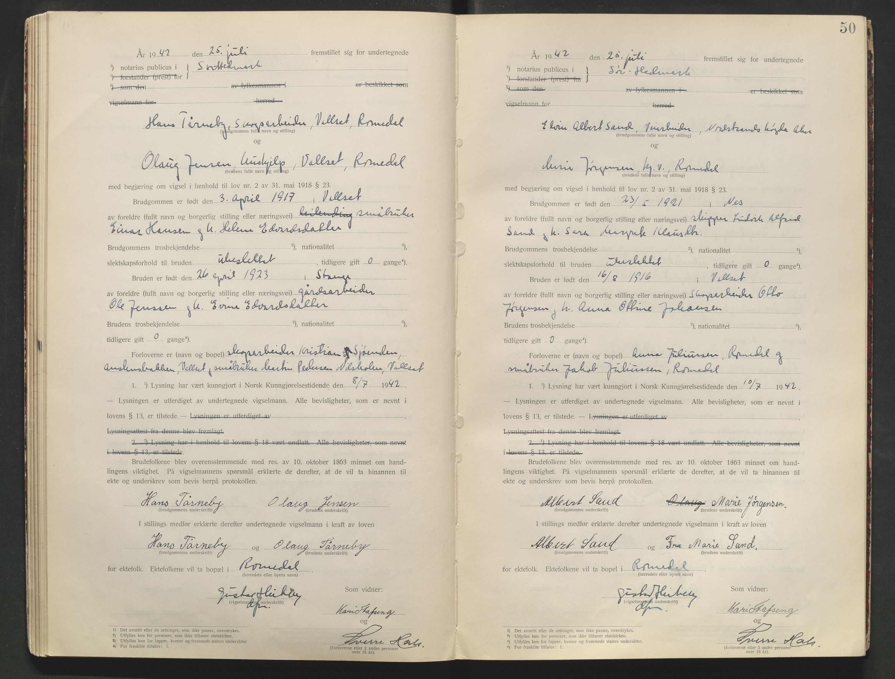 Sør-Hedmark sorenskriveri, AV/SAH-TING-014/L/Le/L0001/0002: Vigselbøker / Vigselbok, 1938-1942, s. 50