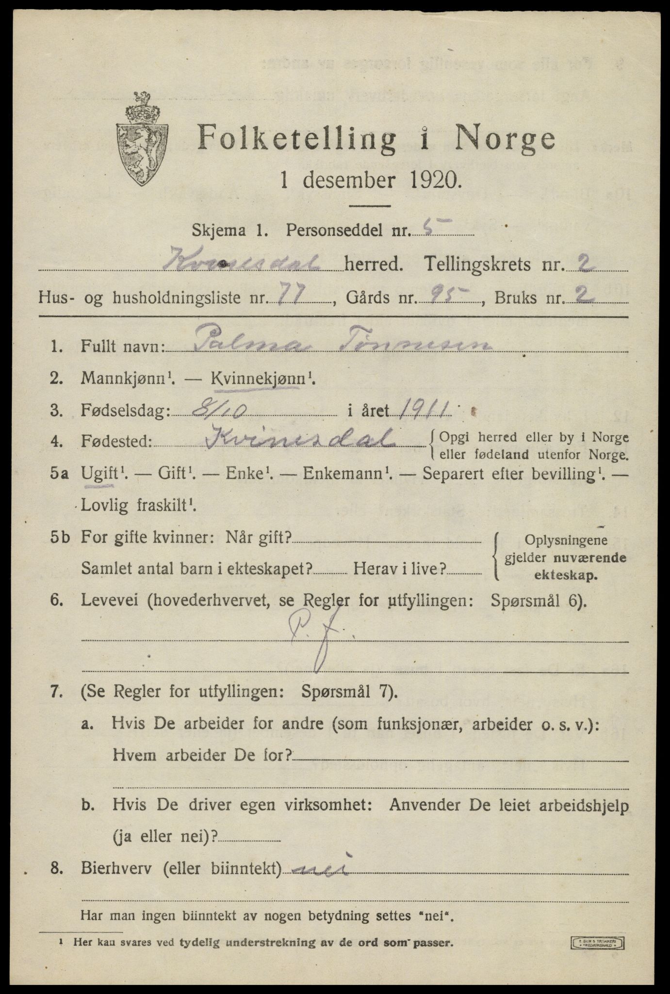 SAK, Folketelling 1920 for 1037 Kvinesdal herred, 1920, s. 2691