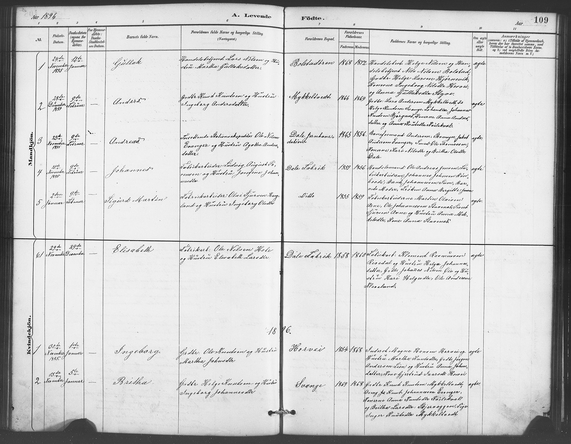 Evanger sokneprestembete, AV/SAB-A-99924: Klokkerbok nr. A 4, 1887-1897, s. 109