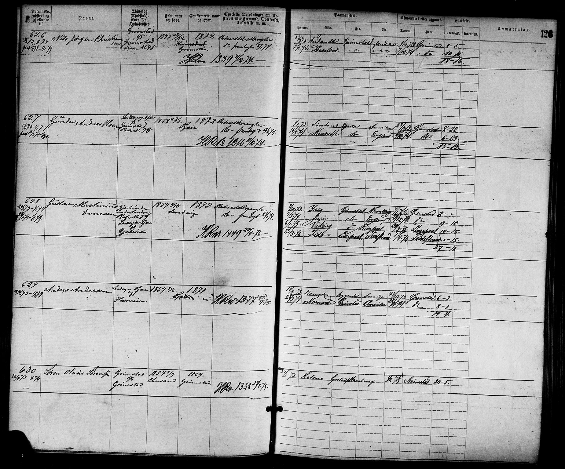 Grimstad mønstringskrets, SAK/2031-0013/F/Fa/L0001: Annotasjonsrulle nr 1-1920 med register, F-1, 1870-1892, s. 148