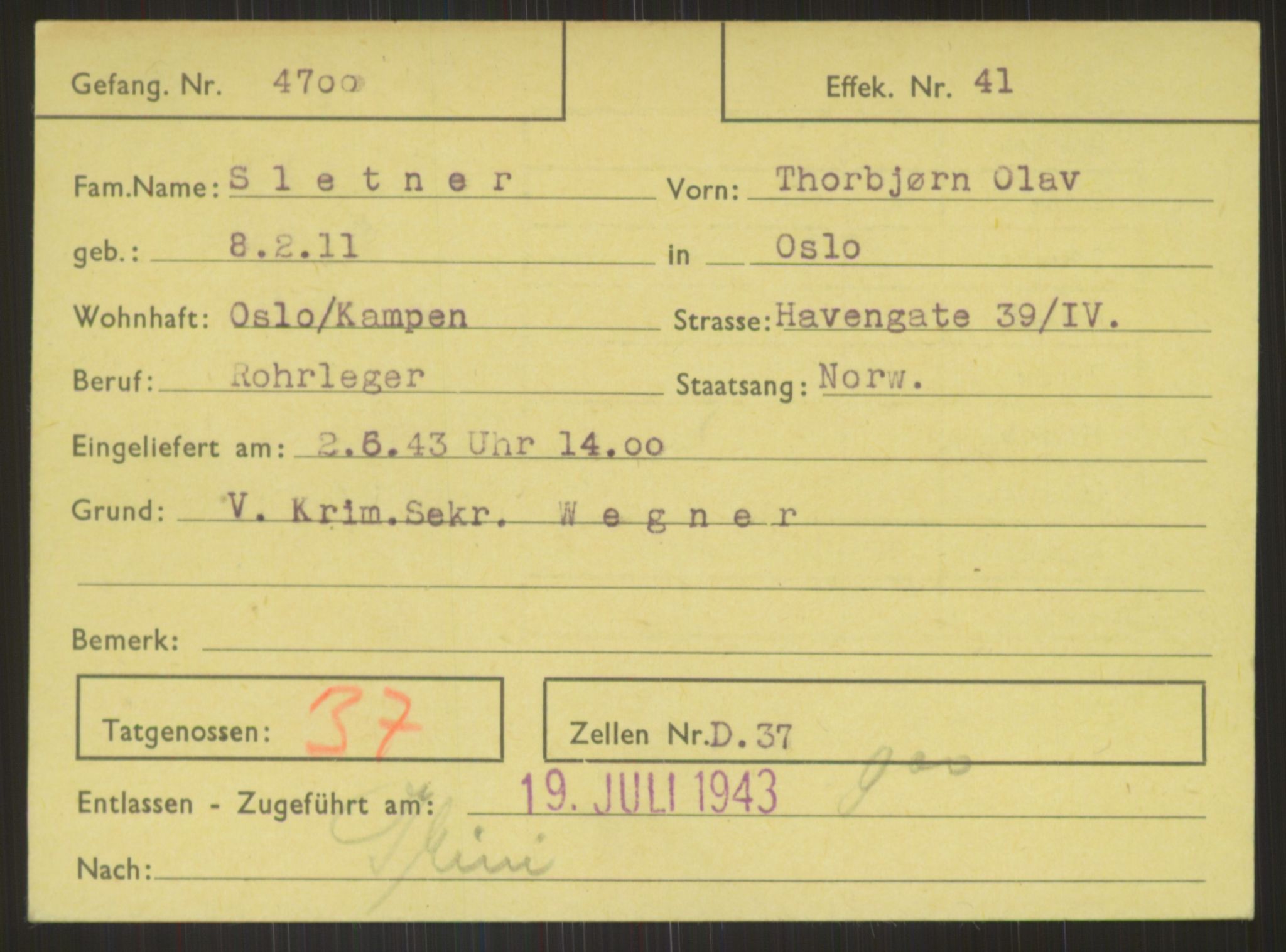 Befehlshaber der Sicherheitspolizei und des SD, RA/RAFA-5969/E/Ea/Eab/L0005: Register over norske fanger i Møllergata 19 ordnet etter fangenummer: 4700-5499, 1940-1945
