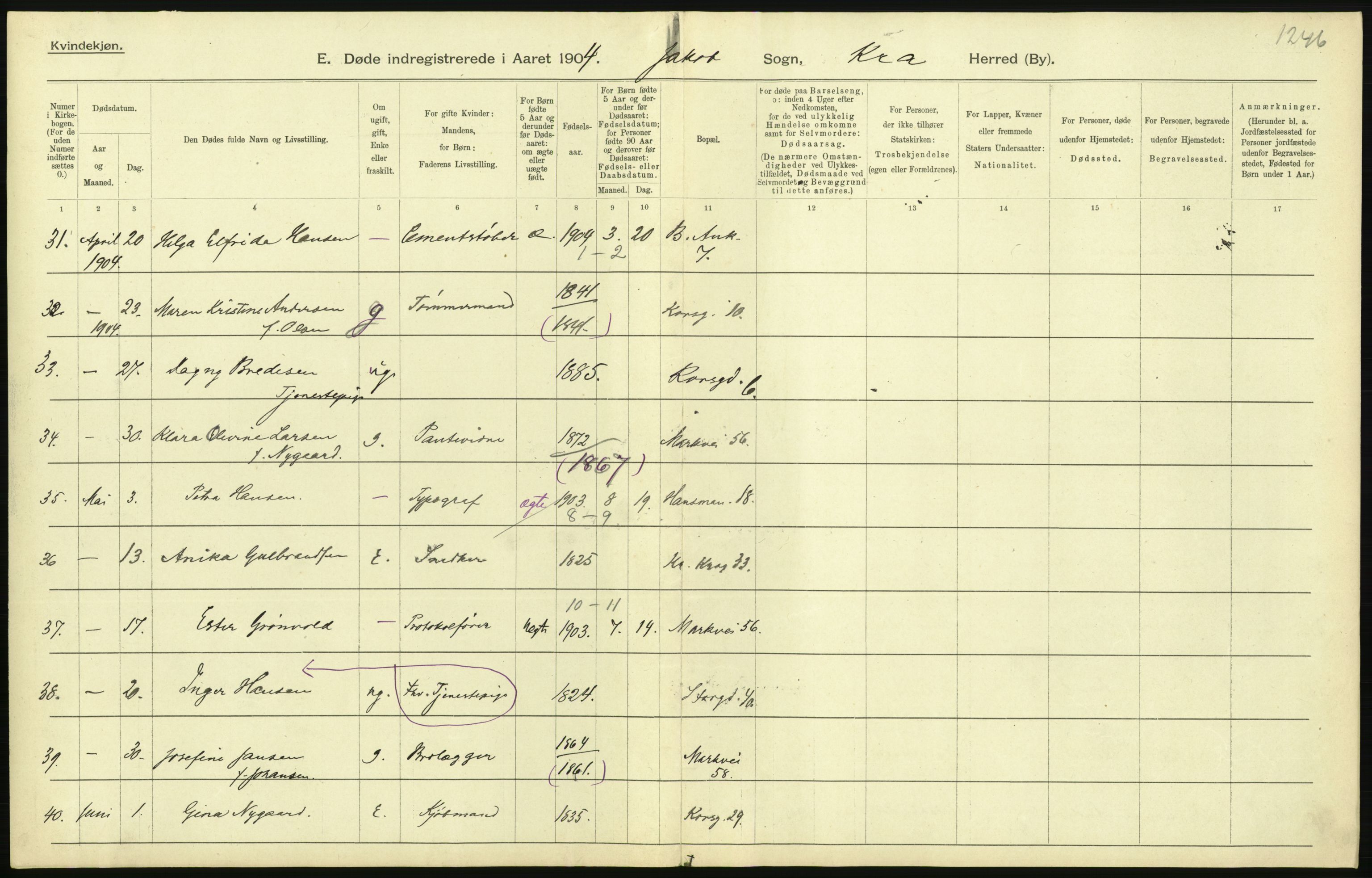 Statistisk sentralbyrå, Sosiodemografiske emner, Befolkning, AV/RA-S-2228/D/Df/Dfa/Dfab/L0004: Kristiania: Gifte, døde, 1904, s. 389